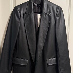 Zara Black Faux Leather Blazer Jacket